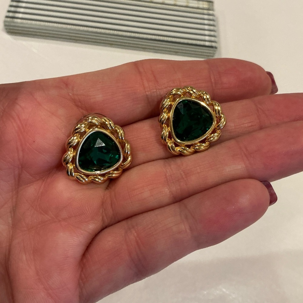 Gold and Green Teardrop Earrings - Picture 7 of 8